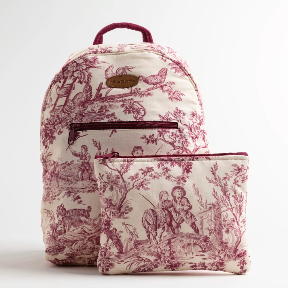 Toile Artwork Cotton Backpack with Matching Pouch, Red/White, NWT